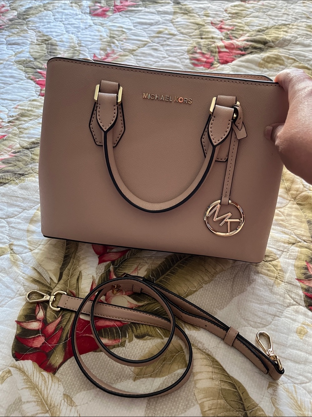 Michael Kors Blush Pink Leather Satchel with Gold Logo Charm